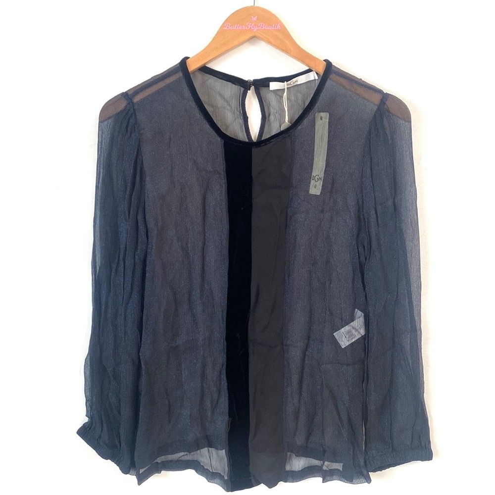 BGN‎ Blue 100% Silk long-sleeve sheer Blouse, Size 36, NWT